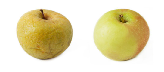 two apples with wrinkled and yooth skin, old age skin concept