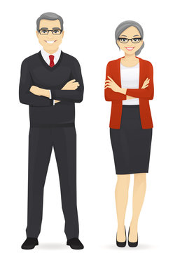 Cheerful mature business man and woman isolated vector illustration