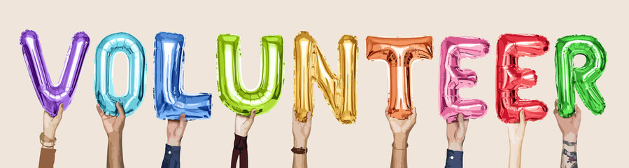 Hands holding the word volunteer illustration