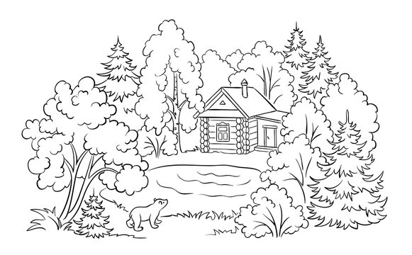 Forest house near a lake - coloring book illustration