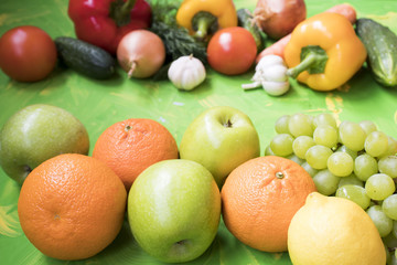 Different Vegetables and Fruits harvested from organic farm top view. Healthy eating, Vegetarian food, Nutrition concept.