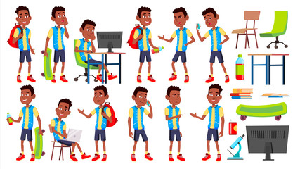 Boy Schoolboy Kid Poses Set Vector. High School Child. Teenage. Black. Afro American. Book, Workspace, Board. For Web, Brochure, Poster Design. Isolated Cartoon Illustration