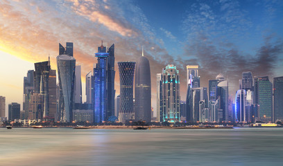 Skyline of West Bay and Doha City Center during sunrise, Qatar