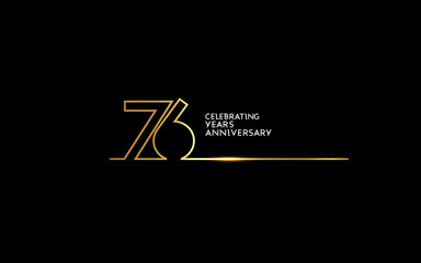 76 Years Anniversary logotype with golden colored font numbers made of one connected line, isolated on black background for company celebration event, birthday