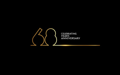 68 Years Anniversary logotype with golden colored font numbers made of one connected line, isolated on black background for company celebration event, birthday