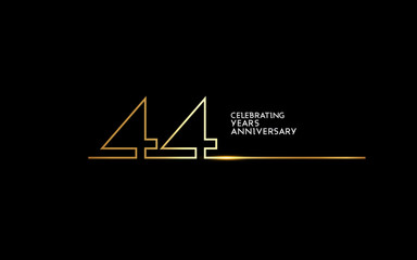 44 Years Anniversary logotype with golden colored font numbers made of one connected line, isolated on black background for company celebration event, birthday