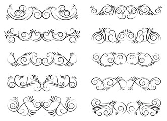 Swirl set of vector graphic elements for design, postcard, menu, wedding invitation, romantic style. Floral set of curls and scrolls. Vector illustration dividers and borders. 