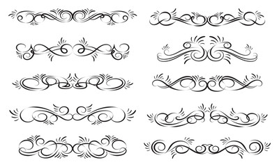 Obraz premium Set of decorative borders. Dividers for calligraphy graphic design, postcard, menu, wedding invitation, romantic style. Black elements on white background. Vector illustration.