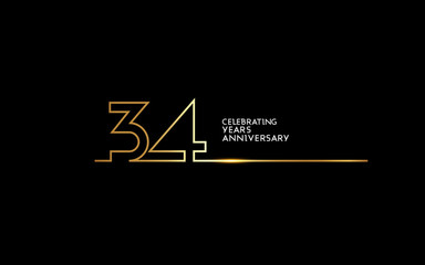 34 Years Anniversary logotype with golden colored font numbers made of one connected line, isolated on black background for company celebration event, birthday