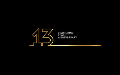 13 Years Anniversary logotype with golden colored font numbers made of one connected line, isolated on black background for company celebration event, birthday