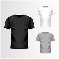 T-shirt black, grey, white template, front view. Vector realistic mock up