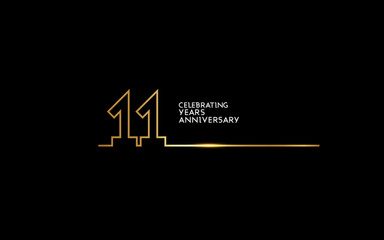 11 Years Anniversary logotype with golden colored font numbers made of one connected line, isolated on black background for company celebration event, birthday