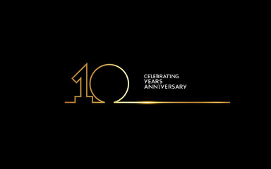10 Years Anniversary logotype with golden colored font numbers made of one connected line, isolated on black background for company celebration event, birthday
