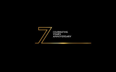 7 Years Anniversary logotype with golden colored font numbers made of one connected line, isolated on black background for company celebration event, birthday