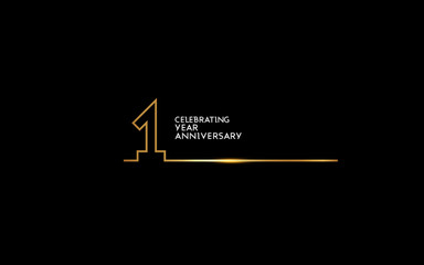 1 Years Anniversary logotype with golden colored font numbers made of one connected line, isolated on black background for company celebration event, birthday