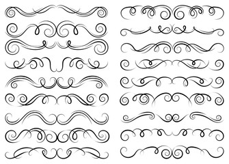 Calligraphic black and elegant swirl dividers collection. Set of curls and scrolls for wall and page decoration, greeting cards and tattoos. Vector calligraphic design border elements illustration.