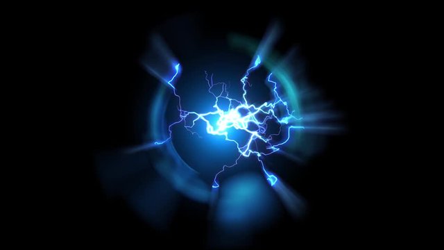 Lightning and bright light in energy ball with spherical plasma radiating electric rays. Looping animation.