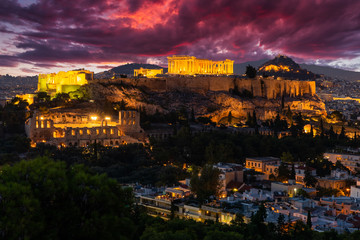 Parthenon temple in Acropolis Hill in Athens, Greece at dusk