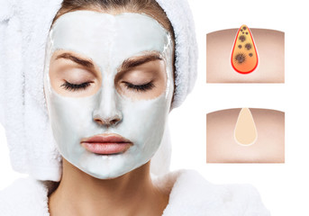 Beautiful woman shows how to pollute and clean the pores on face.