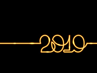 One continuous line drawing 2019. Vector new year illustration on black background. Golden neon effect.