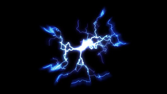 Lightning and bright light in energy ball with spherical plasma radiating electric rays. Looping animation.
