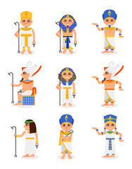 Flat vector set of cartoon Egyptian pharaohs and queens. Rulers of ancient Egypt. Men and women characters traditional clothes and headdresses