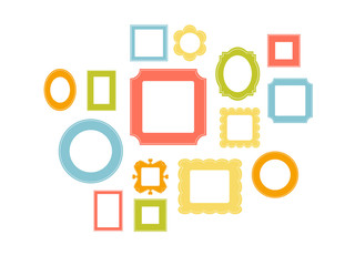 Set of cartoon picture frames organized as gallery wall. Blank colored frames isolated on white vector illustration. Balanced composition. Ready collage for photos or pictures