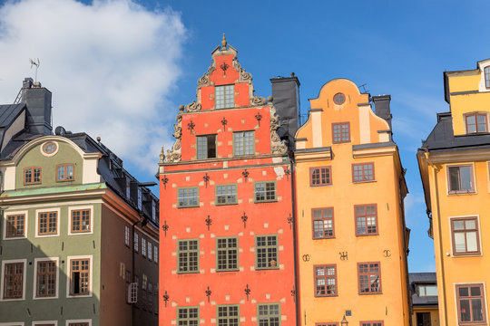 Colorful facade of the houses in Stortorget Square Gamla Stan. Stockholm, Sweden. Summer sunny day with blue sky.