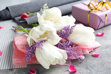 Beautiful flowers on table, closeup