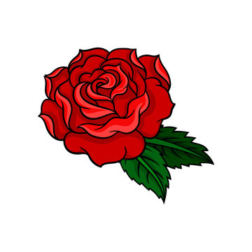 Gorgeous red rose with two green leaves. Old-school tattoo design. Beautiful garden flower. Vector for postcard, sticker or invitation