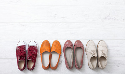 Collection of women's shoes on white wooden background