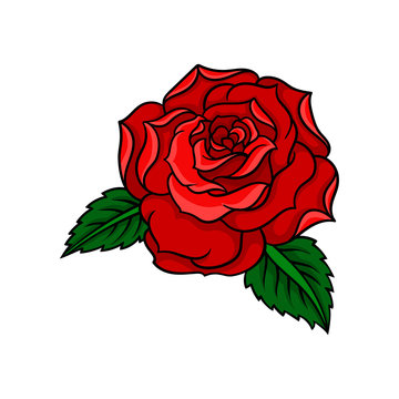Vector icon of beautiful bright red rose with two green leaves. Old-school tattoo design. Element for t-shirt print, postcard or invitation
