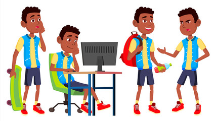Boy Schoolboy Kid Poses Set Vector. High School Child. Schoolchild. Black. Afro American. September, Schoolchildren, Teen. For Web, Poster, Booklet Design. Isolated Cartoon Illustration