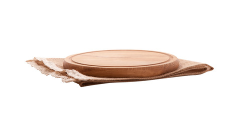 Napkin and board for pizza isolated. Canvas, dish towelst op view mock up. Selective focus.