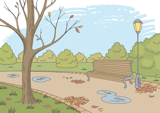 Autumn park graphic color landscape sketch illustration vector