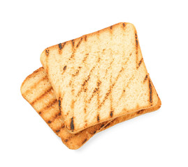 Tasty toasted bread on white background, top view