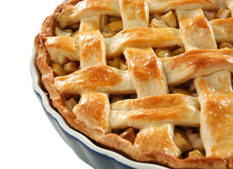 Tasty homemade apple pie on white background, closeup