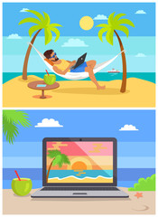 Man by Seaside Collection Vector Illustration