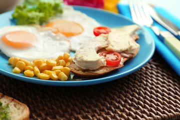 Plate with toasted bread, fried eggs and chicken on wicker mat, closeup