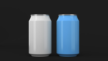 Two small white and blue aluminum soda cans mockup on black background