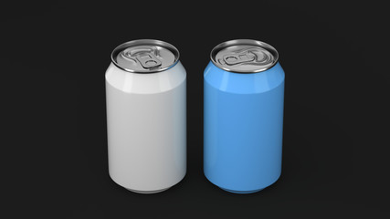 Two small white and blue aluminum soda cans mockup on black background