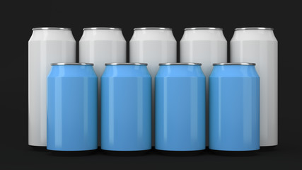  White and blue soda cans standing in two raws on black background