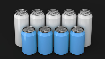  White and blue soda cans standing in two raws on black background