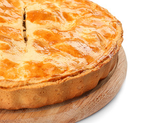 Tasty homemade apple pie on white background