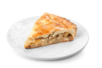 Piece of tasty homemade apple pie on white background