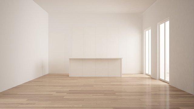 Minimalism, modern empty room with white hidden kitchen with island, parquet floor, white and wooden interior design