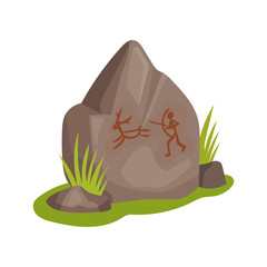 Flat vectir icon of large stone with drawing on green grass. Prehistoric rock-painting. Ancient man hunting for animal. Stone Age theme