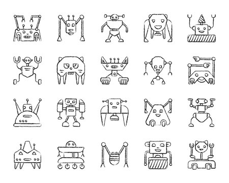 Robot charcoal draw line icons vector set