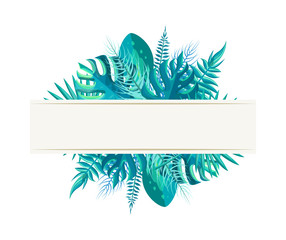 Empty Banner with Tropical Plants Leaves in Blue