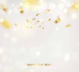Fototapeta premium Golden confetti falls on gray background. Vector illustration.